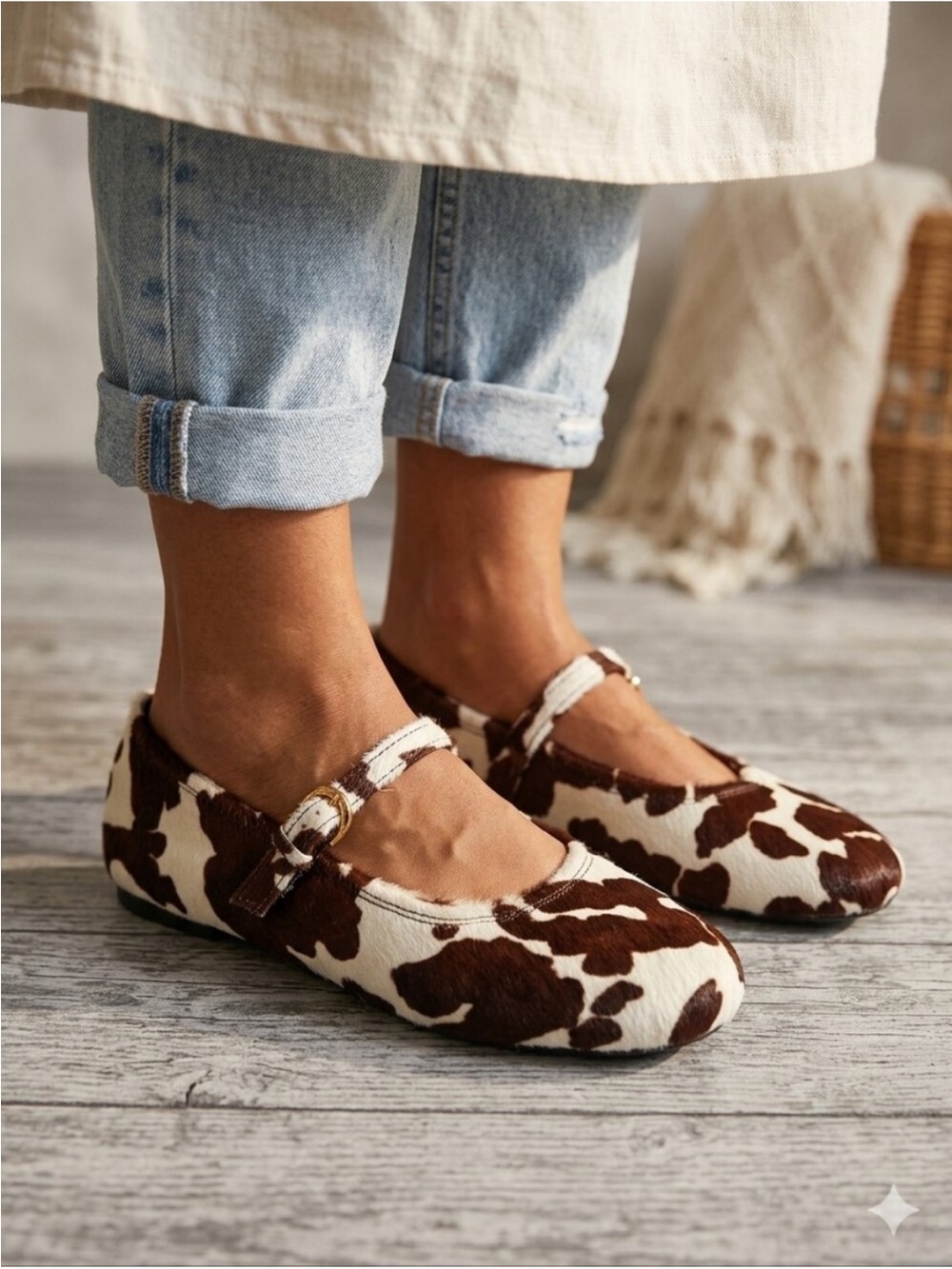 Zara Cow Print Mary Jane Flats - Brown & White